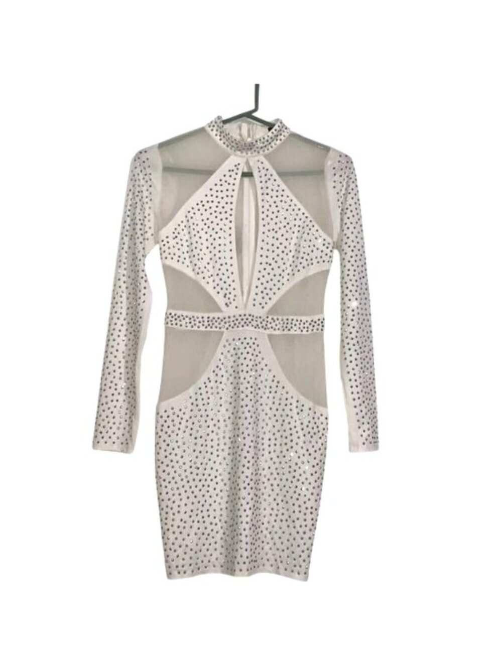 Banjul White Mesh Long Sleeve Rhinestone Embellished Cutout Bodycon Dress M